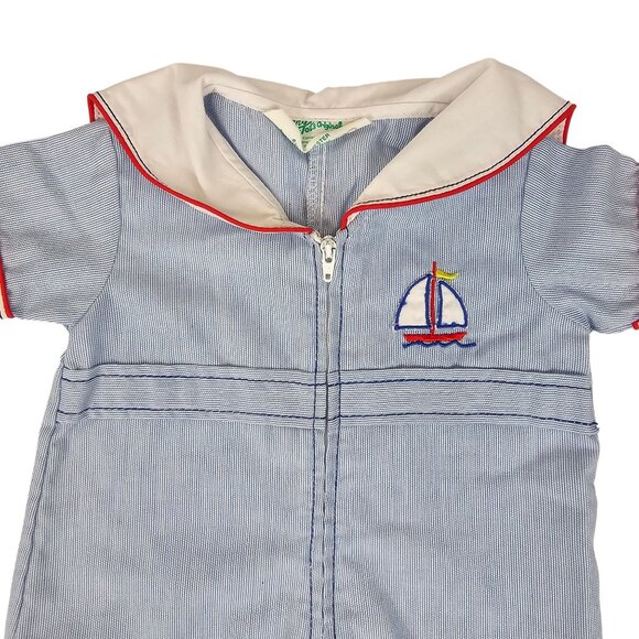 VTG Tiny Tots Original Light Blue/White Striped 3-6M Baby Romper/Jumpsuit + Hat - Picture 3 of 15